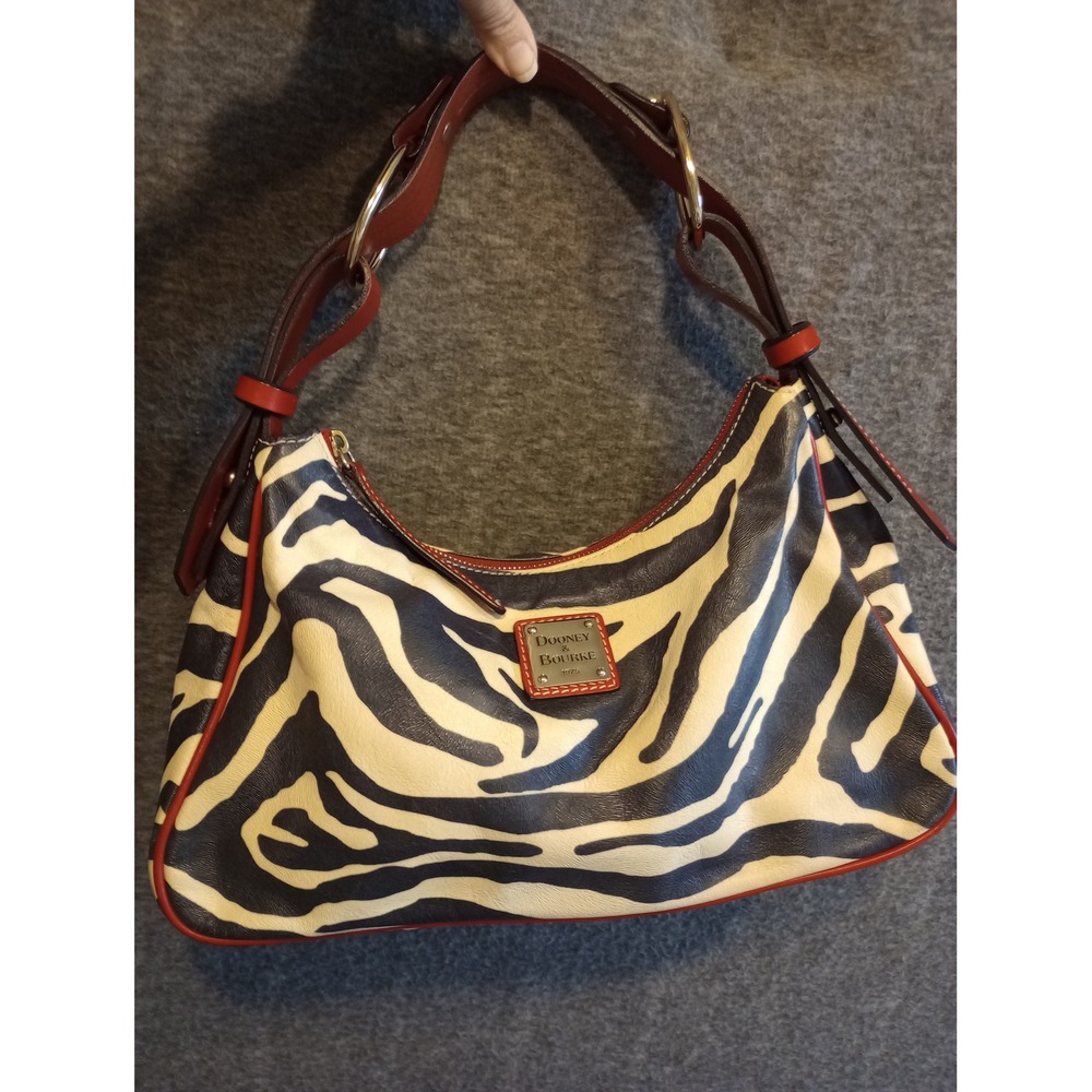 Vintage Y2K Dooney & Bourke Zebra Print Leather Hobo Bag Red Trim J8487255